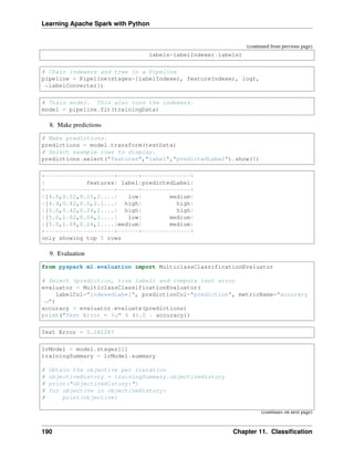 Learning Apache Spark with Python
(continued from previous page)
labels=labelIndexer.labels)
# Chain indexers and tree in a Pipeline
pipeline = Pipeline(stages=[labelIndexer, featureIndexer, logr,
˓
→labelConverter])
# Train model. This also runs the indexers.
model = pipeline.fit(trainingData)
8. Make predictions
# Make predictions.
predictions = model.transform(testData)
# Select example rows to display.
predictions.select("features","label","predictedLabel").show(5)
+--------------------+------+--------------+
| features| label|predictedLabel|
+--------------------+------+--------------+
|[4.6,0.52,0.15,2....| low| medium|
|[4.9,0.42,0.0,2.1...| high| high|
|[5.0,0.42,0.24,2....| high| high|
|[5.0,1.02,0.04,1....| low| medium|
|[5.0,1.04,0.24,1....|medium| medium|
+--------------------+------+--------------+
only showing top 5 rows
9. Evaluation
from pyspark.ml.evaluation import MulticlassClassificationEvaluator
# Select (prediction, true label) and compute test error
evaluator = MulticlassClassificationEvaluator(
labelCol="indexedLabel", predictionCol="prediction", metricName="accuracy
˓
→")
accuracy = evaluator.evaluate(predictions)
print("Test Error = %g" % (1.0 - accuracy))
Test Error = 0.181287
lrModel = model.stages[2]
trainingSummary = lrModel.summary
# Obtain the objective per iteration
# objectiveHistory = trainingSummary.objectiveHistory
# print("objectiveHistory:")
# for objective in objectiveHistory:
# print(objective)
(continues on next page)
190 Chapter 11. Classification
 
