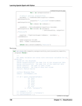 Learning Apache Spark with Python
(continued from previous page)
for c in categoricalCols ]
# default setting: dropLast=True
encoders = [ OneHotEncoder(inputCol=indexer.
˓
→getOutputCol(),
outputCol="{0}_encoded".format(indexer.
˓
→getOutputCol()))
for indexer in indexers ]
assembler = VectorAssembler(inputCols=[encoder.
˓
→getOutputCol() for encoder in encoders]
+ continuousCols, outputCol=
˓
→"features")
pipeline = Pipeline(stages=indexers + encoders +
˓
→[assembler])
model=pipeline.fit(df)
data = model.transform(df)
return data.select(indexCol,'features')
Two in one:
def get_dummy(df,indexCol,categoricalCols,continuousCols,labelCol,
˓
→dropLast=False):
'''
Get dummy variables and concat with continuous variables for ml
˓
→modeling.
:param df: the dataframe
:param categoricalCols: the name list of the categorical data
:param continuousCols: the name list of the numerical data
:param labelCol: the name of label column
:param dropLast: the flag of drop last column
:return: feature matrix
:author: Wenqiang Feng
:email: von198@gmail.com
>>> df = spark.createDataFrame([
(0, "a"),
(1, "b"),
(2, "c"),
(3, "a"),
(4, "a"),
(5, "c")
], ["id", "category"])
>>> indexCol = 'id'
>>> categoricalCols = ['category']
>>> continuousCols = []
(continues on next page)
198 Chapter 11. Classification
 