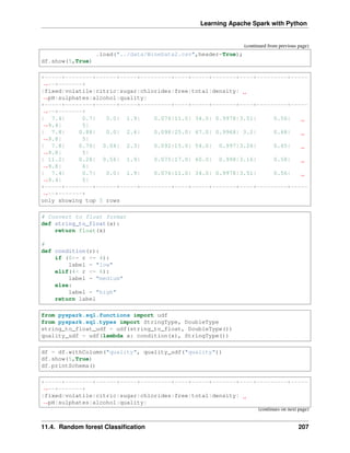 Learning Apache Spark with Python
(continued from previous page)
.load("../data/WineData2.csv",header=True);
df.show(5,True)
+-----+--------+------+-----+---------+----+-----+-------+----+---------+-----
˓
→--+-------+
|fixed|volatile|citric|sugar|chlorides|free|total|density|
˓
→pH|sulphates|alcohol|quality|
+-----+--------+------+-----+---------+----+-----+-------+----+---------+-----
˓
→--+-------+
| 7.4| 0.7| 0.0| 1.9| 0.076|11.0| 34.0| 0.9978|3.51| 0.56|
˓
→9.4| 5|
| 7.8| 0.88| 0.0| 2.6| 0.098|25.0| 67.0| 0.9968| 3.2| 0.68|
˓
→9.8| 5|
| 7.8| 0.76| 0.04| 2.3| 0.092|15.0| 54.0| 0.997|3.26| 0.65|
˓
→9.8| 5|
| 11.2| 0.28| 0.56| 1.9| 0.075|17.0| 60.0| 0.998|3.16| 0.58|
˓
→9.8| 6|
| 7.4| 0.7| 0.0| 1.9| 0.076|11.0| 34.0| 0.9978|3.51| 0.56|
˓
→9.4| 5|
+-----+--------+------+-----+---------+----+-----+-------+----+---------+-----
˓
→--+-------+
only showing top 5 rows
# Convert to float format
def string_to_float(x):
return float(x)
#
def condition(r):
if (0<= r <= 4):
label = "low"
elif(4< r <= 6):
label = "medium"
else:
label = "high"
return label
from pyspark.sql.functions import udf
from pyspark.sql.types import StringType, DoubleType
string_to_float_udf = udf(string_to_float, DoubleType())
quality_udf = udf(lambda x: condition(x), StringType())
df = df.withColumn("quality", quality_udf("quality"))
df.show(5,True)
df.printSchema()
+-----+--------+------+-----+---------+----+-----+-------+----+---------+-----
˓
→--+-------+
|fixed|volatile|citric|sugar|chlorides|free|total|density|
˓
→pH|sulphates|alcohol|quality|
(continues on next page)
11.4. Random forest Classification 207
 
