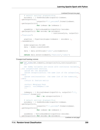 Learning Apache Spark with Python
(continued from previous page)
# default setting: dropLast=True
encoders = [ OneHotEncoder(inputCol=indexer.
˓
→getOutputCol(),
outputCol="{0}_encoded".format(indexer.
˓
→getOutputCol()))
for indexer in indexers ]
assembler = VectorAssembler(inputCols=[encoder.
˓
→getOutputCol() for encoder in encoders]
+ continuousCols, outputCol=
˓
→"features")
pipeline = Pipeline(stages=indexers + encoders +
˓
→[assembler])
model=pipeline.fit(df)
data = model.transform(df)
data = data.withColumn('label',col(labelCol))
return data.select(indexCol,'features','label')
Unsupervised learning version:
def get_dummy(df,indexCol,categoricalCols,continuousCols):
'''
Get dummy variables and concat with continuous variables
˓
→for unsupervised learning.
:param df: the dataframe
:param categoricalCols: the name list of the categorical
˓
→data
:param continuousCols: the name list of the numerical
˓
→data
:return k: feature matrix
:author: Wenqiang Feng
:email: von198@gmail.com
'''
indexers = [ StringIndexer(inputCol=c, outputCol="{0}_
˓
→indexed".format(c))
for c in categoricalCols ]
# default setting: dropLast=True
encoders = [ OneHotEncoder(inputCol=indexer.
˓
→getOutputCol(),
outputCol="{0}_encoded".format(indexer.
˓
→getOutputCol()))
for indexer in indexers ]
assembler = VectorAssembler(inputCols=[encoder.
˓
→getOutputCol() for encoder in encoders]
(continues on next page)
11.4. Random forest Classification 209
 