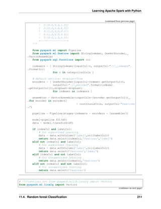 Learning Apache Spark with Python
(continued from previous page)
| 1|[0.0,0.0,1.0]|
| 2|[0.0,1.0,0.0]|
| 3|[1.0,0.0,0.0]|
| 4|[1.0,0.0,0.0]|
| 5|[0.0,1.0,0.0]|
+---+-------------+
'''
from pyspark.ml import Pipeline
from pyspark.ml.feature import StringIndexer, OneHotEncoder,
˓
→VectorAssembler
from pyspark.sql.functions import col
indexers = [ StringIndexer(inputCol=c, outputCol="{0}_indexed".
˓
→format(c))
for c in categoricalCols ]
# default setting: dropLast=True
encoders = [ OneHotEncoder(inputCol=indexer.getOutputCol(),
outputCol="{0}_encoded".format(indexer.
˓
→getOutputCol()),dropLast=dropLast)
for indexer in indexers ]
assembler = VectorAssembler(inputCols=[encoder.getOutputCol()
˓
→for encoder in encoders]
+ continuousCols, outputCol="features
˓
→")
pipeline = Pipeline(stages=indexers + encoders + [assembler])
model=pipeline.fit(df)
data = model.transform(df)
if indexCol and labelCol:
# for supervised learning
data = data.withColumn('label',col(labelCol))
return data.select(indexCol,'features','label')
elif not indexCol and labelCol:
# for supervised learning
data = data.withColumn('label',col(labelCol))
return data.select('features','label')
elif indexCol and not labelCol:
# for unsupervised learning
return data.select(indexCol,'features')
elif not indexCol and not labelCol:
# for unsupervised learning
return data.select('features')
# !!!!caution: not from pyspark.mllib.linalg import Vectors
from pyspark.ml.linalg import Vectors
(continues on next page)
11.4. Random forest Classification 211
 