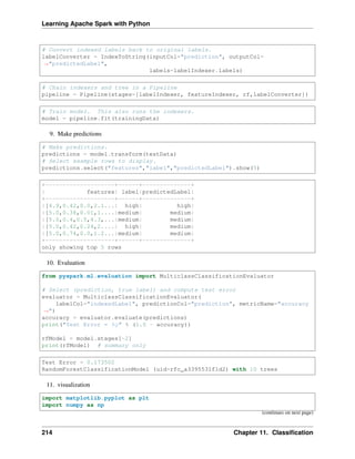 Learning Apache Spark with Python
# Convert indexed labels back to original labels.
labelConverter = IndexToString(inputCol="prediction", outputCol=
˓
→"predictedLabel",
labels=labelIndexer.labels)
# Chain indexers and tree in a Pipeline
pipeline = Pipeline(stages=[labelIndexer, featureIndexer, rf,labelConverter])
# Train model. This also runs the indexers.
model = pipeline.fit(trainingData)
9. Make predictions
# Make predictions.
predictions = model.transform(testData)
# Select example rows to display.
predictions.select("features","label","predictedLabel").show(5)
+--------------------+------+--------------+
| features| label|predictedLabel|
+--------------------+------+--------------+
|[4.9,0.42,0.0,2.1...| high| high|
|[5.0,0.38,0.01,1....|medium| medium|
|[5.0,0.4,0.5,4.3,...|medium| medium|
|[5.0,0.42,0.24,2....| high| medium|
|[5.0,0.74,0.0,1.2...|medium| medium|
+--------------------+------+--------------+
only showing top 5 rows
10. Evaluation
from pyspark.ml.evaluation import MulticlassClassificationEvaluator
# Select (prediction, true label) and compute test error
evaluator = MulticlassClassificationEvaluator(
labelCol="indexedLabel", predictionCol="prediction", metricName="accuracy
˓
→")
accuracy = evaluator.evaluate(predictions)
print("Test Error = %g" % (1.0 - accuracy))
rfModel = model.stages[-2]
print(rfModel) # summary only
Test Error = 0.173502
RandomForestClassificationModel (uid=rfc_a3395531f1d2) with 10 trees
11. visualization
import matplotlib.pyplot as plt
import numpy as np
(continues on next page)
214 Chapter 11. Classification
 