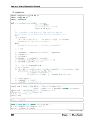 Learning Apache Spark with Python
10. visualization
import matplotlib.pyplot as plt
import numpy as np
import itertools
def plot_confusion_matrix(cm, classes,
normalize=False,
title='Confusion matrix',
cmap=plt.cm.Blues):
"""
This function prints and plots the confusion matrix.
Normalization can be applied by setting `normalize=True`.
"""
if normalize:
cm = cm.astype('float') / cm.sum(axis=1)[:, np.newaxis]
print("Normalized confusion matrix")
else:
print('Confusion matrix, without normalization')
print(cm)
plt.imshow(cm, interpolation='nearest', cmap=cmap)
plt.title(title)
plt.colorbar()
tick_marks = np.arange(len(classes))
plt.xticks(tick_marks, classes, rotation=45)
plt.yticks(tick_marks, classes)
fmt = '.2f' if normalize else 'd'
thresh = cm.max() / 2.
for i, j in itertools.product(range(cm.shape[0]), range(cm.shape[1])):
plt.text(j, i, format(cm[i, j], fmt),
horizontalalignment="center",
color="white" if cm[i, j] > thresh else "black")
plt.tight_layout()
plt.ylabel('True label')
plt.xlabel('Predicted label')
class_temp = predictions.select("label").groupBy("label")
.count().sort('count', ascending=False).toPandas()
class_temp = class_temp["label"].values.tolist()
class_names = map(str, class_temp)
# # # print(class_name)
class_names
['low', 'high']
from sklearn.metrics import confusion_matrix
y_true = predictions.select("label")
y_true = y_true.toPandas()
(continues on next page)
230 Chapter 11. Classification
 