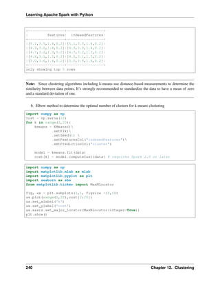 Learning Apache Spark with Python
+-----------------+-----------------+
| features| indexedFeatures|
+-----------------+-----------------+
|[5.1,3.5,1.4,0.2]|[5.1,3.5,1.4,0.2]|
|[4.9,3.0,1.4,0.2]|[4.9,3.0,1.4,0.2]|
|[4.7,3.2,1.3,0.2]|[4.7,3.2,1.3,0.2]|
|[4.6,3.1,1.5,0.2]|[4.6,3.1,1.5,0.2]|
|[5.0,3.6,1.4,0.2]|[5.0,3.6,1.4,0.2]|
+-----------------+-----------------+
only showing top 5 rows
Note: Since clustering algorithms including k-means use distance-based measurements to determine the
similarity between data points, It’s strongly recommended to standardize the data to have a mean of zero
and a standard deviation of one.
6. Elbow method to determine the optimal number of clusters for k-means clustering
import numpy as np
cost = np.zeros(20)
for k in range(2,20):
kmeans = KMeans()
.setK(k)
.setSeed(1) 
.setFeaturesCol("indexedFeatures")
.setPredictionCol("cluster")
model = kmeans.fit(data)
cost[k] = model.computeCost(data) # requires Spark 2.0 or later
import numpy as np
import matplotlib.mlab as mlab
import matplotlib.pyplot as plt
import seaborn as sbs
from matplotlib.ticker import MaxNLocator
fig, ax = plt.subplots(1,1, figsize =(8,6))
ax.plot(range(2,20),cost[2:20])
ax.set_xlabel('k')
ax.set_ylabel('cost')
ax.xaxis.set_major_locator(MaxNLocator(integer=True))
plt.show()
240 Chapter 12. Clustering
 