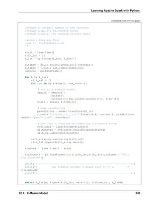 Learning Apache Spark with Python
(continued from previous page)
:return k: optimal number of the clusters
:return silh_lst: Silhouette score
:return r_table: the running results table
:author: Wenqiang Feng
:email: von198@gmail.com
'''
start = time.time()
silh_lst = []
k_lst = np.arange(k_min, k_max+1)
r_table = df_in.select(index_col).toPandas()
r_table = r_table.set_index(index_col)
centers = pd.DataFrame()
for k in k_lst:
silh_val = []
for run in np.arange(1, num_runs+1):
# Trains a k-means model.
kmeans = KMeans()
.setK(k)
.setSeed(int(np.random.randint(100, size=1)))
model = kmeans.fit(df_in)
# Make predictions
predictions = model.transform(df_in)
r_table['cluster_{k}_{run}'.format(k=k, run=run)]= predictions.
˓
→select('prediction').toPandas()
# Evaluate clustering by computing Silhouette score
evaluator = ClusteringEvaluator()
silhouette = evaluator.evaluate(predictions)
silh_val.append(silhouette)
silh_array=np.asanyarray(silh_val)
silh_lst.append(silh_array.mean())
elapsed = time.time() - start
silhouette = pd.DataFrame(list(zip(k_lst,silh_lst)),columns = ['k',
˓
→'silhouette'])
print('+------------------------------------------------------------+')
print("| The finding optimal k phase took %8.0f s. |"
˓
→%(elapsed))
print('+------------------------------------------------------------+')
return k_lst[np.argmax(silh_lst, axis=0)], silhouette , r_table
12.1. K-Means Model 243
 