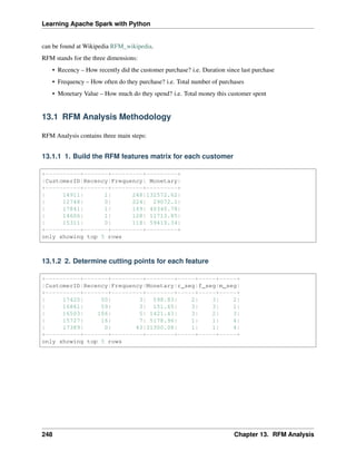 Learning Apache Spark with Python
can be found at Wikipedia RFM_wikipedia.
RFM stands for the three dimensions:
• Recency – How recently did the customer purchase? i.e. Duration since last purchase
• Frequency – How often do they purchase? i.e. Total number of purchases
• Monetary Value – How much do they spend? i.e. Total money this customer spent
13.1 RFM Analysis Methodology
RFM Analysis contains three main steps:
13.1.1 1. Build the RFM features matrix for each customer
+----------+-------+---------+---------+
|CustomerID|Recency|Frequency| Monetary|
+----------+-------+---------+---------+
| 14911| 1| 248|132572.62|
| 12748| 0| 224| 29072.1|
| 17841| 1| 169| 40340.78|
| 14606| 1| 128| 11713.85|
| 15311| 0| 118| 59419.34|
+----------+-------+---------+---------+
only showing top 5 rows
13.1.2 2. Determine cutting points for each feature
+----------+-------+---------+--------+-----+-----+-----+
|CustomerID|Recency|Frequency|Monetary|r_seg|f_seg|m_seg|
+----------+-------+---------+--------+-----+-----+-----+
| 17420| 50| 3| 598.83| 2| 3| 2|
| 16861| 59| 3| 151.65| 3| 3| 1|
| 16503| 106| 5| 1421.43| 3| 2| 3|
| 15727| 16| 7| 5178.96| 1| 1| 4|
| 17389| 0| 43|31300.08| 1| 1| 4|
+----------+-------+---------+--------+-----+-----+-----+
only showing top 5 rows
248 Chapter 13. RFM Analysis
 