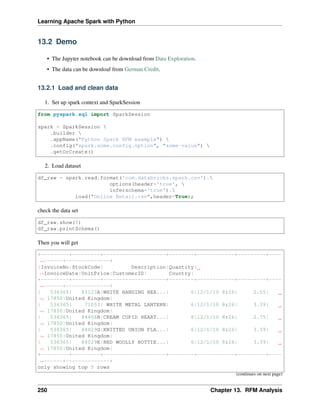 Learning Apache Spark with Python
13.2 Demo
• The Jupyter notebook can be download from Data Exploration.
• The data can be downloaf from German Credit.
13.2.1 Load and clean data
1. Set up spark context and SparkSession
from pyspark.sql import SparkSession
spark = SparkSession 
.builder 
.appName("Python Spark RFM example") 
.config("spark.some.config.option", "some-value") 
.getOrCreate()
2. Load dataset
df_raw = spark.read.format('com.databricks.spark.csv').
options(header='true', 
inferschema='true').
load("Online Retail.csv",header=True);
check the data set
df_raw.show(5)
df_raw.printSchema()
Then you will get
+---------+---------+--------------------+--------+------------+---------+----
˓
→------+--------------+
|InvoiceNo|StockCode| Description|Quantity|
˓
→InvoiceDate|UnitPrice|CustomerID| Country|
+---------+---------+--------------------+--------+------------+---------+----
˓
→------+--------------+
| 536365| 85123A|WHITE HANGING HEA...| 6|12/1/10 8:26| 2.55|
˓
→ 17850|United Kingdom|
| 536365| 71053| WHITE METAL LANTERN| 6|12/1/10 8:26| 3.39|
˓
→ 17850|United Kingdom|
| 536365| 84406B|CREAM CUPID HEART...| 8|12/1/10 8:26| 2.75|
˓
→ 17850|United Kingdom|
| 536365| 84029G|KNITTED UNION FLA...| 6|12/1/10 8:26| 3.39|
˓
→ 17850|United Kingdom|
| 536365| 84029E|RED WOOLLY HOTTIE...| 6|12/1/10 8:26| 3.39|
˓
→ 17850|United Kingdom|
+---------+---------+--------------------+--------+------------+---------+----
˓
→------+--------------+
only showing top 5 rows
(continues on next page)
250 Chapter 13. RFM Analysis
 