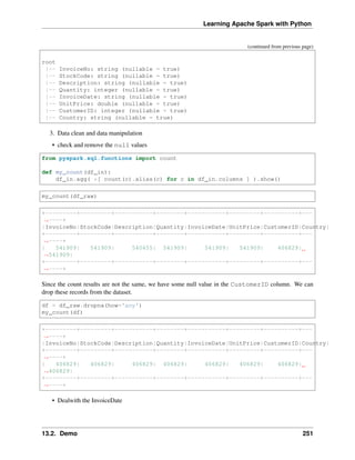 Learning Apache Spark with Python
(continued from previous page)
root
|-- InvoiceNo: string (nullable = true)
|-- StockCode: string (nullable = true)
|-- Description: string (nullable = true)
|-- Quantity: integer (nullable = true)
|-- InvoiceDate: string (nullable = true)
|-- UnitPrice: double (nullable = true)
|-- CustomerID: integer (nullable = true)
|-- Country: string (nullable = true)
3. Data clean and data manipulation
• check and remove the null values
from pyspark.sql.functions import count
def my_count(df_in):
df_in.agg( *[ count(c).alias(c) for c in df_in.columns ] ).show()
my_count(df_raw)
+---------+---------+-----------+--------+-----------+---------+----------+---
˓
→----+
|InvoiceNo|StockCode|Description|Quantity|InvoiceDate|UnitPrice|CustomerID|Country|
+---------+---------+-----------+--------+-----------+---------+----------+---
˓
→----+
| 541909| 541909| 540455| 541909| 541909| 541909| 406829|
˓
→541909|
+---------+---------+-----------+--------+-----------+---------+----------+---
˓
→----+
Since the count results are not the same, we have some null value in the CustomerID column. We can
drop these records from the dataset.
df = df_raw.dropna(how='any')
my_count(df)
+---------+---------+-----------+--------+-----------+---------+----------+---
˓
→----+
|InvoiceNo|StockCode|Description|Quantity|InvoiceDate|UnitPrice|CustomerID|Country|
+---------+---------+-----------+--------+-----------+---------+----------+---
˓
→----+
| 406829| 406829| 406829| 406829| 406829| 406829| 406829|
˓
→406829|
+---------+---------+-----------+--------+-----------+---------+----------+---
˓
→----+
• Dealwith the InvoiceDate
13.2. Demo 251
 