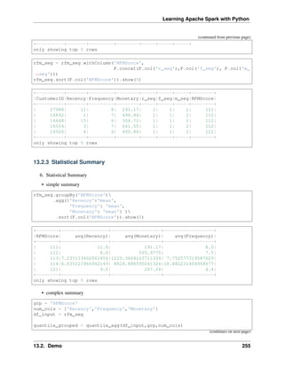 Learning Apache Spark with Python
(continued from previous page)
+----------+-------+---------+--------+-----+-----+-----+
only showing top 5 rows
rfm_seg = rfm_seg.withColumn('RFMScore',
F.concat(F.col('r_seg'),F.col('f_seg'), F.col('m_
˓
→seg')))
rfm_seg.sort(F.col('RFMScore')).show(5)
+----------+-------+---------+--------+-----+-----+-----+--------+
|CustomerID|Recency|Frequency|Monetary|r_seg|f_seg|m_seg|RFMScore|
+----------+-------+---------+--------+-----+-----+-----+--------+
| 17988| 11| 8| 191.17| 1| 1| 1| 111|
| 16892| 1| 7| 496.84| 1| 1| 2| 112|
| 16668| 15| 6| 306.72| 1| 1| 2| 112|
| 16554| 3| 7| 641.55| 1| 1| 2| 112|
| 16500| 4| 6| 400.86| 1| 1| 2| 112|
+----------+-------+---------+--------+-----+-----+-----+--------+
only showing top 5 rows
13.2.3 Statistical Summary
6. Statistical Summary
• simple summary
rfm_seg.groupBy('RFMScore')
.agg({'Recency':'mean',
'Frequency': 'mean',
'Monetary': 'mean'} )
.sort(F.col('RFMScore')).show(5)
+--------+-----------------+------------------+------------------+
|RFMScore| avg(Recency)| avg(Monetary)| avg(Frequency)|
+--------+-----------------+------------------+------------------+
| 111| 11.0| 191.17| 8.0|
| 112| 8.0| 505.9775| 7.5|
| 113|7.237113402061856|1223.3604123711339| 7.752577319587629|
| 114|6.035123966942149| 8828.888595041324|18.882231404958677|
| 121| 9.6| 207.24| 4.4|
+--------+-----------------+------------------+------------------+
only showing top 5 rows
• complex summary
grp = 'RFMScore'
num_cols = ['Recency','Frequency','Monetary']
df_input = rfm_seg
quantile_grouped = quantile_agg(df_input,grp,num_cols)
(continues on next page)
13.2. Demo 255
 