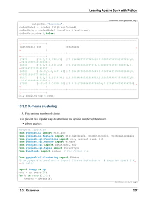 Learning Apache Spark with Python
(continued from previous page)
outputCol="features")
scalerModel = scaler.fit(transformed)
scaledData = scalerModel.transform(transformed)
scaledData.show(5,False)
+----------+-------------------+----------------------------------------------
˓
→----------------+
|CustomerID|rfm |features
˓
→ |
+----------+-------------------+----------------------------------------------
˓
→----------------+
|17420 |[50.0,3.0,598.83] |[0.13404825737265416,0.008097165991902834,0.
˓
→01721938714830836]|
|16861 |[59.0,3.0,151.65] |[0.1581769436997319,0.008097165991902834,0.
˓
→01564357039241953] |
|16503 |[106.0,5.0,1421.43]|[0.28418230563002683,0.016194331983805668,0.
˓
→02011814573186342]|
|15727 |[16.0,7.0,5178.96] |[0.04289544235924933,0.024291497975708502,0.
˓
→03335929858922501]|
|17389 |[0.0,43.0,31300.08]|[0.0,0.1700404858299595,0.12540746393334334]
˓
→ |
+----------+-------------------+----------------------------------------------
˓
→----------------+
only showing top 5 rows
13.3.2 K-means clustering
3. Find optimal number of cluster
I will present two popular ways to determine the optimal number of the cluster.
• elbow analysis
#PySpark libraries
from pyspark.ml import Pipeline
from pyspark.ml.feature import StringIndexer, OneHotEncoder, VectorAssembler
from pyspark.sql.functions import col, percent_rank, lit
from pyspark.sql.window import Window
from pyspark.sql import DataFrame, Row
from pyspark.sql.types import StructType
from functools import reduce # For Python 3.x
from pyspark.ml.clustering import KMeans
#from pyspark.ml.evaluation import ClusteringEvaluator # requires Spark 2.4
˓
→or later
import numpy as np
cost = np.zeros(20)
for k in range(2,20):
kmeans = KMeans()
(continues on next page)
13.3. Extension 257
 