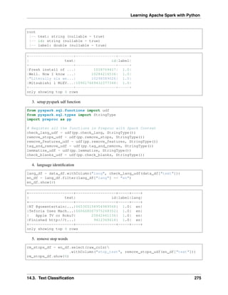 Learning Apache Spark with Python
root
|-- text: string (nullable = true)
|-- id: string (nullable = true)
|-- label: double (nullable = true)
+--------------------+------------------+-----+
| text| id|label|
+--------------------+------------------+-----+
|Fresh install of ...| 1018769417| 1.0|
|Well. Now I know ...| 10284216536| 1.0|
|"Literally six we...| 10298589026| 1.0|
|Mitsubishi i MiEV...|109017669432377344| 1.0|
+--------------------+------------------+-----+
only showing top 4 rows
3. setup pyspark udf function
from pyspark.sql.functions import udf
from pyspark.sql.types import StringType
import preproc as pp
# Register all the functions in Preproc with Spark Context
check_lang_udf = udf(pp.check_lang, StringType())
remove_stops_udf = udf(pp.remove_stops, StringType())
remove_features_udf = udf(pp.remove_features, StringType())
tag_and_remove_udf = udf(pp.tag_and_remove, StringType())
lemmatize_udf = udf(pp.lemmatize, StringType())
check_blanks_udf = udf(pp.check_blanks, StringType())
4. language identification
lang_df = data_df.withColumn("lang", check_lang_udf(data_df["text"]))
en_df = lang_df.filter(lang_df["lang"] == "en")
en_df.show(4)
+--------------------+------------------+-----+----+
| text| id|label|lang|
+--------------------+------------------+-----+----+
|RT @goeentertain:...|665305154954989568| 1.0| en|
|Teforia Uses Mach...|660668007975268352| 1.0| en|
| Apple TV or Roku?| 25842461136| 1.0| en|
|Finished http://t...| 9412369614| 1.0| en|
+--------------------+------------------+-----+----+
only showing top 4 rows
5. remove stop words
rm_stops_df = en_df.select(raw_cols)
.withColumn("stop_text", remove_stops_udf(en_df["text"]))
rm_stops_df.show(4)
14.3. Text Classification 275
 