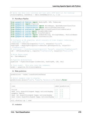 Learning Apache Spark with Python
# Split the data into training and test sets (40% held out for testing)
(trainingData, testData) = data.randomSplit([0.6, 0.4])
13. NaiveBayes Pipeline
from pyspark.ml.feature import HashingTF, IDF, Tokenizer
from pyspark.ml import Pipeline
from pyspark.ml.classification import NaiveBayes, RandomForestClassifier
from pyspark.ml.classification import DecisionTreeClassifier
from pyspark.ml.evaluation import MulticlassClassificationEvaluator
from pyspark.ml.tuning import ParamGridBuilder
from pyspark.ml.tuning import CrossValidator
from pyspark.ml.feature import IndexToString, StringIndexer, VectorIndexer
from pyspark.ml.feature import CountVectorizer
# Configure an ML pipeline, which consists of tree stages: tokenizer,
˓
→hashingTF, and nb.
tokenizer = Tokenizer(inputCol="text", outputCol="words")
hashingTF = HashingTF(inputCol=tokenizer.getOutputCol(), outputCol=
˓
→"rawFeatures")
# vectorizer = CountVectorizer(inputCol= "words", outputCol="rawFeatures")
idf = IDF(minDocFreq=3, inputCol="rawFeatures", outputCol="features")
# Naive Bayes model
nb = NaiveBayes()
# Pipeline Architecture
pipeline = Pipeline(stages=[tokenizer, hashingTF, idf, nb])
# Train model. This also runs the indexers.
model = pipeline.fit(trainingData)
14. Make predictions
predictions = model.transform(testData)
# Select example rows to display.
predictions.select("text", "label", "prediction").show(5,False)
+-----------------------------------------------+-----+----------+
|text |label|prediction|
+-----------------------------------------------+-----+----------+
|finish |1.0 |1.0 |
|meet rolo dogsofthinkgeek happy nationaldogday |1.0 |1.0 |
|pumpkin family |1.0 |1.0 |
|meet jet dogsofthinkgeek happy nationaldogday |1.0 |1.0 |
|meet vixie dogsofthinkgeek happy nationaldogday|1.0 |1.0 |
+-----------------------------------------------+-----+----------+
only showing top 5 rows
15. evaluation
14.3. Text Classification 279
 