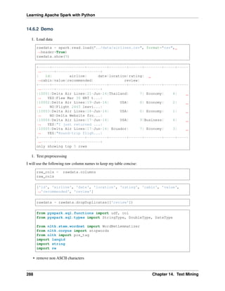 Learning Apache Spark with Python
14.6.2 Demo
1. Load data
rawdata = spark.read.load("../data/airlines.csv", format="csv",
˓
→header=True)
rawdata.show(5)
+-----+---------------+---------+--------+------+--------+-----+-----
˓
→------+--------------------+
| id| airline| date|location|rating|
˓
→cabin|value|recommended| review|
+-----+---------------+---------+--------+------+--------+-----+-----
˓
→------+--------------------+
|10001|Delta Air Lines|21-Jun-14|Thailand| 7| Economy| 4|
˓
→ YES|Flew Mar 30 NRT t...|
|10002|Delta Air Lines|19-Jun-14| USA| 0| Economy| 2|
˓
→ NO|Flight 2463 leavi...|
|10003|Delta Air Lines|18-Jun-14| USA| 0| Economy| 1|
˓
→ NO|Delta Website fro...|
|10004|Delta Air Lines|17-Jun-14| USA| 9|Business| 4|
˓
→ YES|"I just returned ...|
|10005|Delta Air Lines|17-Jun-14| Ecuador| 7| Economy| 3|
˓
→ YES|"Round-trip fligh...|
+-----+---------------+---------+--------+------+--------+-----+-----
˓
→------+--------------------+
only showing top 5 rows
1. Text preprocessing
I will use the following raw column names to keep my table concise:
raw_cols = rawdata.columns
raw_cols
['id', 'airline', 'date', 'location', 'rating', 'cabin', 'value',
˓
→'recommended', 'review']
rawdata = rawdata.dropDuplicates(['review'])
from pyspark.sql.functions import udf, col
from pyspark.sql.types import StringType, DoubleType, DateType
from nltk.stem.wordnet import WordNetLemmatizer
from nltk.corpus import stopwords
from nltk import pos_tag
import langid
import string
import re
• remove non ASCII characters
288 Chapter 14. Text Mining
 