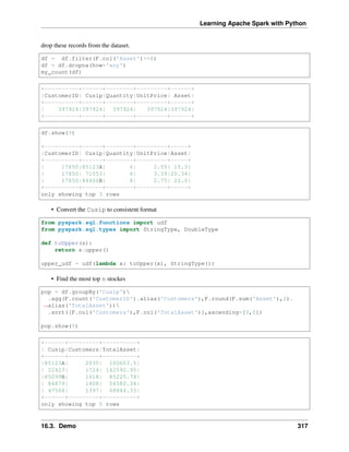 Learning Apache Spark with Python
drop these records from the dataset.
df = df.filter(F.col('Asset')>=0)
df = df.dropna(how='any')
my_count(df)
+----------+------+--------+---------+------+
|CustomerID| Cusip|Quantity|UnitPrice| Asset|
+----------+------+--------+---------+------+
| 397924|397924| 397924| 397924|397924|
+----------+------+--------+---------+------+
df.show(3)
+----------+------+--------+---------+-----+
|CustomerID| Cusip|Quantity|UnitPrice|Asset|
+----------+------+--------+---------+-----+
| 17850|85123A| 6| 2.55| 15.3|
| 17850| 71053| 6| 3.39|20.34|
| 17850|84406B| 8| 2.75| 22.0|
+----------+------+--------+---------+-----+
only showing top 3 rows
• Convert the Cusip to consistent format
from pyspark.sql.functions import udf
from pyspark.sql.types import StringType, DoubleType
def toUpper(s):
return s.upper()
upper_udf = udf(lambda x: toUpper(x), StringType())
• Find the most top n stockes
pop = df.groupBy('Cusip')
.agg(F.count('CustomerID').alias('Customers'),F.round(F.sum('Asset'),2).
˓
→alias('TotalAsset'))
.sort([F.col('Customers'),F.col('TotalAsset')],ascending=[0,0])
pop.show(5)
+------+---------+----------+
| Cusip|Customers|TotalAsset|
+------+---------+----------+
|85123A| 2035| 100603.5|
| 22423| 1724| 142592.95|
|85099B| 1618| 85220.78|
| 84879| 1408| 56580.34|
| 47566| 1397| 68844.33|
+------+---------+----------+
only showing top 5 rows
16.3. Demo 317
 