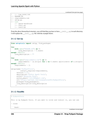 Learning Apache Spark with Python
(continued from previous page)
| |-- top_level.txt
|-- README.md
|-- requirements.txt
|-- setup.py
|-- test
|-- spark-warehouse
|-- test1.py
|-- test2.py
From the above hierarchical structure, you will find that you have to have __init__.py in each directory.
I will explain the __init__.py file with the example below:
21.1.2 Set Up
from setuptools import setup, find_packages
try:
with open("README.md") as f:
long_description = f.read()
except IOError:
long_description = ""
try:
with open("requirements.txt") as f:
requirements = [x.strip() for x in f.read().splitlines() if x.strip()]
except IOError:
requirements = []
setup(name='PySParkTools',
install_requires=requirements,
version='1.0',
description='Python Spark Tools',
author='Wenqiang Feng',
author_email='von198@gmail.com',
url='https://github.com/runawayhorse001/PySparkTools',
packages=find_packages(),
long_description=long_description
)
21.1.3 ReadMe
# PySparkTools
This is my PySpark Tools. If you want to colne and install it, you can use
- clone
```{bash}
(continues on next page)
356 Chapter 21. Wrap PySpark Package
 