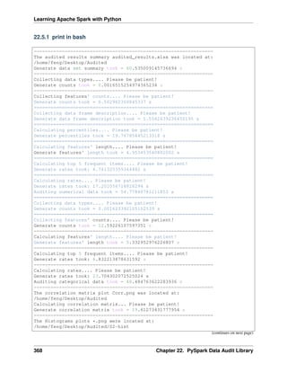 Learning Apache Spark with Python
22.5.1 print in bash
================================================================
The audited results summary audited_results.xlsx was located at:
/home/feng/Desktop/Audited
Generate data set summary took = 60.535009145736694 s
================================================================
Collecting data types.... Please be patient!
Generate counts took = 0.0016515254974365234 s
================================================================
Collecting features' counts.... Please be patient!
Generate counts took = 6.502962350845337 s
================================================================
Collecting data frame description.... Please be patient!
Generate data frame description took = 1.5562639236450195 s
================================================================
Calculating percentiles.... Please be patient!
Generate percentiles took = 19.76785445213318 s
================================================================
Calculating features' length.... Please be patient!
Generate features' length took = 4.953453540802002 s
================================================================
Calculating top 5 frequent items.... Please be patient!
Generate rates took: 4.761325359344482 s
================================================================
Calculating rates.... Please be patient!
Generate rates took: 17.201056718826294 s
Auditing numerical data took = 54.77840781211853 s
================================================================
Collecting data types.... Please be patient!
Generate counts took = 0.001623392105102539 s
================================================================
Collecting features' counts.... Please be patient!
Generate counts took = 12.59226107597351 s
================================================================
Calculating features' length.... Please be patient!
Generate features' length took = 5.332952976226807 s
================================================================
Calculating top 5 frequent items.... Please be patient!
Generate rates took: 6.832213878631592 s
================================================================
Calculating rates.... Please be patient!
Generate rates took: 23.704302072525024 s
Auditing categorical data took = 48.484763622283936 s
================================================================
The correlation matrix plot Corr.png was located at:
/home/feng/Desktop/Audited
Calculating correlation matrix... Please be patient!
Generate correlation matrix took = 19.61273431777954 s
================================================================
The Histograms plots *.png were located at:
/home/feng/Desktop/Audited/02-hist
(continues on next page)
368 Chapter 22. PySpark Data Audit Library
 