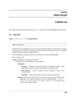 CHAPTER
TWENTYSEVEN
PYSPARK API
Those APIs are automatically generated from PySpark package, so all the CopyRights belong to Spark.
27.1 Stat API
class pyspark.ml.stat.ChiSquareTest
Note: Experimental
Conduct Pearson’s independence test for every feature against the label. For each feature, the (feature,
label) pairs are converted into a contingency matrix for which the Chi-squared statistic is computed.
All label and feature values must be categorical.
The null hypothesis is that the occurrence of the outcomes is statistically independent.
New in version 2.2.0.
static test(dataset, featuresCol, labelCol)
Perform a Pearson’s independence test using dataset.
Parameters
• dataset – DataFrame of categorical labels and categorical features. Real-
valued features will be treated as categorical for each distinct value.
• featuresCol – Name of features column in dataset, of type 𝑉 𝑒𝑐𝑡𝑜𝑟
(𝑉 𝑒𝑐𝑡𝑜𝑟𝑈𝐷𝑇).
• labelCol – Name of label column in dataset, of any numerical type.
Returns DataFrame containing the test result for every feature against the label. This
DataFrame will contain a single Row with the following fields: - 𝑝𝑉 𝑎𝑙𝑢𝑒𝑠 :
𝑉 𝑒𝑐𝑡𝑜𝑟 - 𝑑𝑒𝑔𝑟𝑒𝑒𝑠𝑂𝑓𝐹𝑟𝑒𝑒𝑑𝑜𝑚 : 𝐴𝑟𝑟𝑎𝑦[𝐼𝑛𝑡] - 𝑠𝑡𝑎𝑡𝑖𝑠𝑡𝑖𝑐𝑠 : 𝑉 𝑒𝑐𝑡𝑜𝑟 Each of these
fields has one value per feature.
405
 