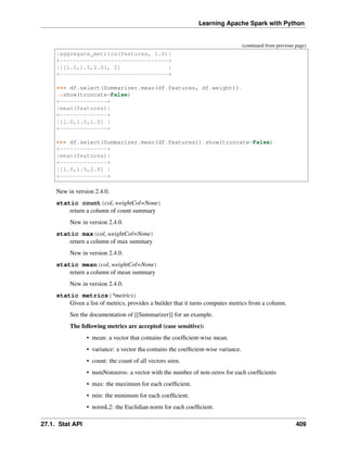 Learning Apache Spark with Python
(continued from previous page)
|aggregate_metrics(features, 1.0)|
+--------------------------------+
|[[1.0,1.5,2.0], 2] |
+--------------------------------+
>>> df.select(Summarizer.mean(df.features, df.weight)).
˓
→show(truncate=False)
+--------------+
|mean(features)|
+--------------+
|[1.0,1.0,1.0] |
+--------------+
>>> df.select(Summarizer.mean(df.features)).show(truncate=False)
+--------------+
|mean(features)|
+--------------+
|[1.0,1.5,2.0] |
+--------------+
New in version 2.4.0.
static count(col, weightCol=None)
return a column of count summary
New in version 2.4.0.
static max(col, weightCol=None)
return a column of max summary
New in version 2.4.0.
static mean(col, weightCol=None)
return a column of mean summary
New in version 2.4.0.
static metrics(*metrics)
Given a list of metrics, provides a builder that it turns computes metrics from a column.
See the documentation of [[Summarizer]] for an example.
The following metrics are accepted (case sensitive):
• mean: a vector that contains the coefficient-wise mean.
• variance: a vector tha contains the coefficient-wise variance.
• count: the count of all vectors seen.
• numNonzeros: a vector with the number of non-zeros for each coefficients
• max: the maximum for each coefficient.
• min: the minimum for each coefficient.
• normL2: the Euclidian norm for each coefficient.
27.1. Stat API 409
 