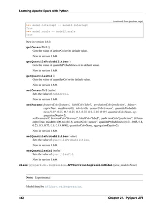 Learning Apache Spark with Python
(continued from previous page)
>>> model.intercept == model2.intercept
True
>>> model.scale == model2.scale
True
New in version 1.6.0.
getCensorCol()
Gets the value of censorCol or its default value.
New in version 1.6.0.
getQuantileProbabilities()
Gets the value of quantileProbabilities or its default value.
New in version 1.6.0.
getQuantilesCol()
Gets the value of quantilesCol or its default value.
New in version 1.6.0.
setCensorCol(value)
Sets the value of censorCol.
New in version 1.6.0.
setParams(featuresCol='features', labelCol='label', predictionCol='prediction', fitInter-
cept=True, maxIter=100, tol=1e-06, censorCol='censor', quantileProbabili-
ties=[0.01, 0.05, 0.1, 0.25, 0.5, 0.75, 0.9, 0.95, 0.99], quantilesCol=None, ag-
gregationDepth=2)
setParams(self, featuresCol=”features”, labelCol=”label”, predictionCol=”prediction”, fitInter-
cept=True, maxIter=100, tol=1E-6, censorCol=”censor”, quantileProbabilities=[0.01, 0.05, 0.1,
0.25, 0.5, 0.75, 0.9, 0.95, 0.99], quantilesCol=None, aggregationDepth=2):
New in version 1.6.0.
setQuantileProbabilities(value)
Sets the value of quantileProbabilities.
New in version 1.6.0.
setQuantilesCol(value)
Sets the value of quantilesCol.
New in version 1.6.0.
class pyspark.ml.regression.AFTSurvivalRegressionModel(java_model=None)
Note: Experimental
Model fitted by AFTSurvivalRegression.
412 Chapter 27. PySpark API
 