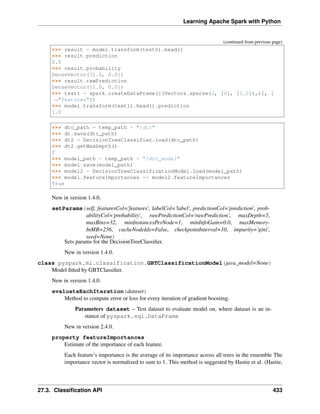 Learning Apache Spark with Python
(continued from previous page)
>>> result = model.transform(test0).head()
>>> result.prediction
0.0
>>> result.probability
DenseVector([1.0, 0.0])
>>> result.rawPrediction
DenseVector([1.0, 0.0])
>>> test1 = spark.createDataFrame([(Vectors.sparse(1, [0], [1.0]),)], [
˓
→"features"])
>>> model.transform(test1).head().prediction
1.0
>>> dtc_path = temp_path + "/dtc"
>>> dt.save(dtc_path)
>>> dt2 = DecisionTreeClassifier.load(dtc_path)
>>> dt2.getMaxDepth()
2
>>> model_path = temp_path + "/dtc_model"
>>> model.save(model_path)
>>> model2 = DecisionTreeClassificationModel.load(model_path)
>>> model.featureImportances == model2.featureImportances
True
New in version 1.4.0.
setParams(self, featuresCol='features', labelCol='label', predictionCol='prediction', prob-
abilityCol='probability', rawPredictionCol='rawPrediction', maxDepth=5,
maxBins=32, minInstancesPerNode=1, minInfoGain=0.0, maxMemory-
InMB=256, cacheNodeIds=False, checkpointInterval=10, impurity='gini',
seed=None)
Sets params for the DecisionTreeClassifier.
New in version 1.4.0.
class pyspark.ml.classification.GBTClassificationModel(java_model=None)
Model fitted by GBTClassifier.
New in version 1.4.0.
evaluateEachIteration(dataset)
Method to compute error or loss for every iteration of gradient boosting.
Parameters dataset – Test dataset to evaluate model on, where dataset is an in-
stance of pyspark.sql.DataFrame
New in version 2.4.0.
property featureImportances
Estimate of the importance of each feature.
Each feature’s importance is the average of its importance across all trees in the ensemble The
importance vector is normalized to sum to 1. This method is suggested by Hastie et al. (Hastie,
27.3. Classification API 433
 