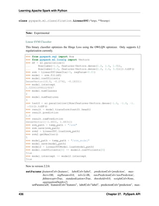 Learning Apache Spark with Python
class pyspark.ml.classification.LinearSVC(*args, **kwargs)
Note: Experimental
Linear SVM Classifier
This binary classifier optimizes the Hinge Loss using the OWLQN optimizer. Only supports L2
regularization currently.
>>> from pyspark.sql import Row
>>> from pyspark.ml.linalg import Vectors
>>> df = sc.parallelize([
... Row(label=1.0, features=Vectors.dense(1.0, 1.0, 1.0)),
... Row(label=0.0, features=Vectors.dense(1.0, 2.0, 3.0))]).toDF()
>>> svm = LinearSVC(maxIter=5, regParam=0.01)
>>> model = svm.fit(df)
>>> model.coefficients
DenseVector([0.0, -0.2792, -0.1833])
>>> model.intercept
1.0206118982229047
>>> model.numClasses
2
>>> model.numFeatures
3
>>> test0 = sc.parallelize([Row(features=Vectors.dense(-1.0, -1.0, -1.
˓
→0))]).toDF()
>>> result = model.transform(test0).head()
>>> result.prediction
1.0
>>> result.rawPrediction
DenseVector([-1.4831, 1.4831])
>>> svm_path = temp_path + "/svm"
>>> svm.save(svm_path)
>>> svm2 = LinearSVC.load(svm_path)
>>> svm2.getMaxIter()
5
>>> model_path = temp_path + "/svm_model"
>>> model.save(model_path)
>>> model2 = LinearSVCModel.load(model_path)
>>> model.coefficients[0] == model2.coefficients[0]
True
>>> model.intercept == model2.intercept
True
New in version 2.2.0.
setParams(featuresCol='features', labelCol='label', predictionCol='prediction', max-
Iter=100, regParam=0.0, tol=1e-06, rawPredictionCol='rawPrediction',
fitIntercept=True, standardization=True, threshold=0.0, weightCol=None,
aggregationDepth=2)
setParams(self, featuresCol=”features”, labelCol=”label”, predictionCol=”prediction”, max-
436 Chapter 27. PySpark API
 