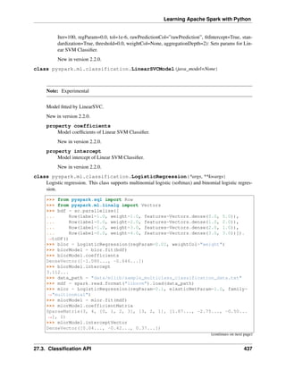 Learning Apache Spark with Python
Iter=100, regParam=0.0, tol=1e-6, rawPredictionCol=”rawPrediction”, fitIntercept=True, stan-
dardization=True, threshold=0.0, weightCol=None, aggregationDepth=2): Sets params for Lin-
ear SVM Classifier.
New in version 2.2.0.
class pyspark.ml.classification.LinearSVCModel(java_model=None)
Note: Experimental
Model fitted by LinearSVC.
New in version 2.2.0.
property coefficients
Model coefficients of Linear SVM Classifier.
New in version 2.2.0.
property intercept
Model intercept of Linear SVM Classifier.
New in version 2.2.0.
class pyspark.ml.classification.LogisticRegression(*args, **kwargs)
Logistic regression. This class supports multinomial logistic (softmax) and binomial logistic regres-
sion.
>>> from pyspark.sql import Row
>>> from pyspark.ml.linalg import Vectors
>>> bdf = sc.parallelize([
... Row(label=1.0, weight=1.0, features=Vectors.dense(0.0, 5.0)),
... Row(label=0.0, weight=2.0, features=Vectors.dense(1.0, 2.0)),
... Row(label=1.0, weight=3.0, features=Vectors.dense(2.0, 1.0)),
... Row(label=0.0, weight=4.0, features=Vectors.dense(3.0, 3.0))]).
˓
→toDF()
>>> blor = LogisticRegression(regParam=0.01, weightCol="weight")
>>> blorModel = blor.fit(bdf)
>>> blorModel.coefficients
DenseVector([-1.080..., -0.646...])
>>> blorModel.intercept
3.112...
>>> data_path = "data/mllib/sample_multiclass_classification_data.txt"
>>> mdf = spark.read.format("libsvm").load(data_path)
>>> mlor = LogisticRegression(regParam=0.1, elasticNetParam=1.0, family=
˓
→"multinomial")
>>> mlorModel = mlor.fit(mdf)
>>> mlorModel.coefficientMatrix
SparseMatrix(3, 4, [0, 1, 2, 3], [3, 2, 1], [1.87..., -2.75..., -0.50...
˓
→], 1)
>>> mlorModel.interceptVector
DenseVector([0.04..., -0.42..., 0.37...])
(continues on next page)
27.3. Classification API 437
 