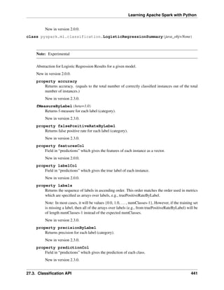 Learning Apache Spark with Python
New in version 2.0.0.
class pyspark.ml.classification.LogisticRegressionSummary(java_obj=None)
Note: Experimental
Abstraction for Logistic Regression Results for a given model.
New in version 2.0.0.
property accuracy
Returns accuracy. (equals to the total number of correctly classified instances out of the total
number of instances.)
New in version 2.3.0.
fMeasureByLabel(beta=1.0)
Returns f-measure for each label (category).
New in version 2.3.0.
property falsePositiveRateByLabel
Returns false positive rate for each label (category).
New in version 2.3.0.
property featuresCol
Field in “predictions” which gives the features of each instance as a vector.
New in version 2.0.0.
property labelCol
Field in “predictions” which gives the true label of each instance.
New in version 2.0.0.
property labels
Returns the sequence of labels in ascending order. This order matches the order used in metrics
which are specified as arrays over labels, e.g., truePositiveRateByLabel.
Note: In most cases, it will be values {0.0, 1.0, ..., numClasses-1}, However, if the training set
is missing a label, then all of the arrays over labels (e.g., from truePositiveRateByLabel) will be
of length numClasses-1 instead of the expected numClasses.
New in version 2.3.0.
property precisionByLabel
Returns precision for each label (category).
New in version 2.3.0.
property predictionCol
Field in “predictions” which gives the prediction of each class.
New in version 2.3.0.
27.3. Classification API 441
 