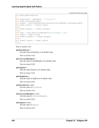 Learning Apache Spark with Python
(continued from previous page)
>>> mlp2.getBlockSize()
1
>>> model_path = temp_path + "/mlp_model"
>>> model.save(model_path)
>>> model2 = MultilayerPerceptronClassificationModel.load(model_path)
>>> model.layers == model2.layers
True
>>> model.weights == model2.weights
True
>>> mlp2 = mlp2.setInitialWeights(list(range(0, 12)))
>>> model3 = mlp2.fit(df)
>>> model3.weights != model2.weights
True
>>> model3.layers == model.layers
True
New in version 1.6.0.
getBlockSize()
Gets the value of blockSize or its default value.
New in version 1.6.0.
getInitialWeights()
Gets the value of initialWeights or its default value.
New in version 2.0.0.
getLayers()
Gets the value of layers or its default value.
New in version 1.6.0.
getStepSize()
Gets the value of stepSize or its default value.
New in version 2.0.0.
setBlockSize(value)
Sets the value of blockSize.
New in version 1.6.0.
setInitialWeights(value)
Sets the value of initialWeights.
New in version 2.0.0.
setLayers(value)
Sets the value of layers.
New in version 1.6.0.
444 Chapter 27. PySpark API
 