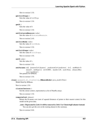 Learning Apache Spark with Python
New in version 1.5.0.
getInitSteps()
Gets the value of 𝑖𝑛𝑖𝑡𝑆𝑡𝑒𝑝𝑠
New in version 1.5.0.
getK()
Gets the value of 𝑘
New in version 1.5.0.
setDistanceMeasure(value)
Sets the value of distanceMeasure.
New in version 2.4.0.
setInitMode(value)
Sets the value of initMode.
New in version 1.5.0.
setInitSteps(value)
Sets the value of initSteps.
New in version 1.5.0.
setK(value)
Sets the value of k.
New in version 1.5.0.
setParams(self, featuresCol='features', predictionCol='prediction', k=2, initMode='k-
means||', initSteps=2, tol=0.0001, maxIter=20, seed=None, distanceMea-
sure='euclidean')
Sets params for KMeans.
New in version 1.5.0.
class pyspark.ml.clustering.KMeansModel(java_model=None)
Model fitted by KMeans.
New in version 1.5.0.
clusterCenters()
Get the cluster centers, represented as a list of NumPy arrays.
New in version 1.5.0.
computeCost(dataset)
Return the K-means cost (sum of squared distances of points to their nearest center) for this
model on the given data.
..note:: Deprecated in 2.4.0. It will be removed in 3.0.0. Use ClusteringEvaluator instead.
You can also get the cost on the training dataset in the summary.
New in version 2.0.0.
27.4. Clustering API 457
 