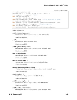 Learning Apache Spark with Python
(continued from previous page)
>>> model.topicsMatrix()
DenseMatrix(2, 2, [0.496, 0.504, 0.504, 0.496], 0)
>>> lda_path = temp_path + "/lda"
>>> lda.save(lda_path)
>>> sameLDA = LDA.load(lda_path)
>>> distributed_model_path = temp_path + "/lda_distributed_model"
>>> model.save(distributed_model_path)
>>> sameModel = DistributedLDAModel.load(distributed_model_path)
>>> local_model_path = temp_path + "/lda_local_model"
>>> localModel.save(local_model_path)
>>> sameLocalModel = LocalLDAModel.load(local_model_path)
New in version 2.0.0.
getDocConcentration()
Gets the value of docConcentration or its default value.
New in version 2.0.0.
getK()
Gets the value of k or its default value.
New in version 2.0.0.
getKeepLastCheckpoint()
Gets the value of keepLastCheckpoint or its default value.
New in version 2.0.0.
getLearningDecay()
Gets the value of learningDecay or its default value.
New in version 2.0.0.
getLearningOffset()
Gets the value of learningOffset or its default value.
New in version 2.0.0.
getOptimizeDocConcentration()
Gets the value of optimizeDocConcentration or its default value.
New in version 2.0.0.
getOptimizer()
Gets the value of optimizer or its default value.
New in version 2.0.0.
getSubsamplingRate()
Gets the value of subsamplingRate or its default value.
New in version 2.0.0.
getTopicConcentration()
Gets the value of topicConcentration or its default value.
27.4. Clustering API 459
 