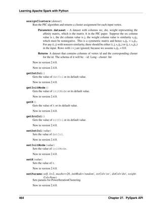Learning Apache Spark with Python
assignClusters(dataset)
Run the PIC algorithm and returns a cluster assignment for each input vertex.
Parameters dataset – A dataset with columns src, dst, weight representing the
affinity matrix, which is the matrix A in the PIC paper. Suppose the src column
value is i, the dst column value is j, the weight column value is similarity s„ij„
which must be nonnegative. This is a symmetric matrix and hence s„ij„ = s„ji„.
For any (i, j) with nonzero similarity, there should be either (i, j, s„ij„) or (j, i, s„ji„)
in the input. Rows with i = j are ignored, because we assume s„ij„ = 0.0.
Returns A dataset that contains columns of vertex id and the corresponding cluster
for the id. The schema of it will be: - id: Long - cluster: Int
New in version 2.4.0.
New in version 2.4.0.
getDstCol()
Gets the value of dstCol or its default value.
New in version 2.4.0.
getInitMode()
Gets the value of initMode or its default value.
New in version 2.4.0.
getK()
Gets the value of k or its default value.
New in version 2.4.0.
getSrcCol()
Gets the value of srcCol or its default value.
New in version 2.4.0.
setDstCol(value)
Sets the value of dstCol.
New in version 2.4.0.
setInitMode(value)
Sets the value of initMode.
New in version 2.4.0.
setK(value)
Sets the value of k.
New in version 2.4.0.
setParams(self, k=2, maxIter=20, initMode='random', srcCol='src', dstCol='dst', weight-
Col=None)
Sets params for PowerIterationClustering.
New in version 2.4.0.
464 Chapter 27. PySpark API
 