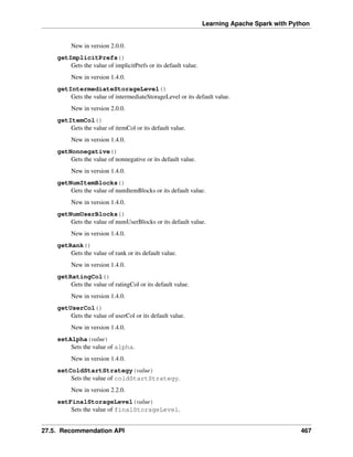 Learning Apache Spark with Python
New in version 2.0.0.
getImplicitPrefs()
Gets the value of implicitPrefs or its default value.
New in version 1.4.0.
getIntermediateStorageLevel()
Gets the value of intermediateStorageLevel or its default value.
New in version 2.0.0.
getItemCol()
Gets the value of itemCol or its default value.
New in version 1.4.0.
getNonnegative()
Gets the value of nonnegative or its default value.
New in version 1.4.0.
getNumItemBlocks()
Gets the value of numItemBlocks or its default value.
New in version 1.4.0.
getNumUserBlocks()
Gets the value of numUserBlocks or its default value.
New in version 1.4.0.
getRank()
Gets the value of rank or its default value.
New in version 1.4.0.
getRatingCol()
Gets the value of ratingCol or its default value.
New in version 1.4.0.
getUserCol()
Gets the value of userCol or its default value.
New in version 1.4.0.
setAlpha(value)
Sets the value of alpha.
New in version 1.4.0.
setColdStartStrategy(value)
Sets the value of coldStartStrategy.
New in version 2.2.0.
setFinalStorageLevel(value)
Sets the value of finalStorageLevel.
27.5. Recommendation API 467
 