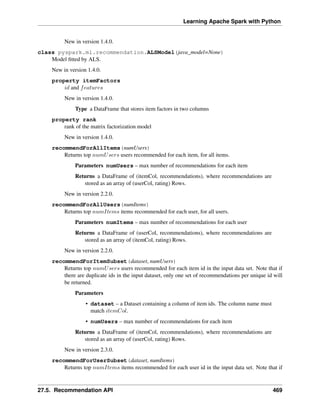 Learning Apache Spark with Python
New in version 1.4.0.
class pyspark.ml.recommendation.ALSModel(java_model=None)
Model fitted by ALS.
New in version 1.4.0.
property itemFactors
𝑖𝑑 and 𝑓𝑒𝑎𝑡𝑢𝑟𝑒𝑠
New in version 1.4.0.
Type a DataFrame that stores item factors in two columns
property rank
rank of the matrix factorization model
New in version 1.4.0.
recommendForAllItems(numUsers)
Returns top 𝑛𝑢𝑚𝑈𝑠𝑒𝑟𝑠 users recommended for each item, for all items.
Parameters numUsers – max number of recommendations for each item
Returns a DataFrame of (itemCol, recommendations), where recommendations are
stored as an array of (userCol, rating) Rows.
New in version 2.2.0.
recommendForAllUsers(numItems)
Returns top 𝑛𝑢𝑚𝐼𝑡𝑒𝑚𝑠 items recommended for each user, for all users.
Parameters numItems – max number of recommendations for each user
Returns a DataFrame of (userCol, recommendations), where recommendations are
stored as an array of (itemCol, rating) Rows.
New in version 2.2.0.
recommendForItemSubset(dataset, numUsers)
Returns top 𝑛𝑢𝑚𝑈𝑠𝑒𝑟𝑠 users recommended for each item id in the input data set. Note that if
there are duplicate ids in the input dataset, only one set of recommendations per unique id will
be returned.
Parameters
• dataset – a Dataset containing a column of item ids. The column name must
match 𝑖𝑡𝑒𝑚𝐶𝑜𝑙.
• numUsers – max number of recommendations for each item
Returns a DataFrame of (itemCol, recommendations), where recommendations are
stored as an array of (userCol, rating) Rows.
New in version 2.3.0.
recommendForUserSubset(dataset, numItems)
Returns top 𝑛𝑢𝑚𝐼𝑡𝑒𝑚𝑠 items recommended for each user id in the input data set. Note that if
27.5. Recommendation API 469
 