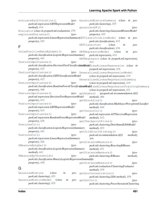 Learning Apache Spark with Python
evaluateEachIteration() (pys-
park.ml.regression.GBTRegressionModel
method), 414
Evaluator (class in pyspark.ml.evaluation), 479
explainedVariance() (pys-
park.ml.regression.LinearRegressionSummary
property), 425
F
falsePositiveRateByLabel() (pys-
park.ml.classification.LogisticRegressionSummary
property), 441
featureImportances() (pys-
park.ml.classification.DecisionTreeClassificationModel
property), 432
featureImportances() (pys-
park.ml.classification.GBTClassificationModel
property), 433
featureImportances() (pys-
park.ml.classification.RandomForestClassificationModel
property), 448
featureImportances() (pys-
park.ml.regression.DecisionTreeRegressionModel
property), 413
featureImportances() (pys-
park.ml.regression.GBTRegressionModel
property), 415
featureImportances() (pys-
park.ml.regression.RandomForestRegressionModel
property), 428
featuresCol() (pys-
park.ml.classification.LogisticRegressionSummary
property), 441
featuresCol() (pys-
park.ml.regression.LinearRegressionSummary
property), 426
fMeasureByLabel() (pys-
park.ml.classification.LogisticRegressionSummary
method), 441
fMeasureByThreshold() (pys-
park.ml.classification.BinaryLogisticRegressionSummary
property), 430
G
GaussianMixture (class in pys-
park.ml.clustering), 453
GaussianMixtureModel (class in pys-
park.ml.clustering), 455
GaussianMixtureSummary (class in pys-
park.ml.clustering), 455
gaussiansDF() (pys-
park.ml.clustering.GaussianMixtureModel
property), 455
GBTClassificationModel (class in pys-
park.ml.classification), 433
GBTClassifier (class in pys-
park.ml.classification), 434
GBTRegressionModel (class in pys-
park.ml.regression), 414
GBTRegressor (class in pyspark.ml.regression),
415
GeneralizedLinearRegression (class in
pyspark.ml.regression), 416
GeneralizedLinearRegressionModel
(class in pyspark.ml.regression), 419
GeneralizedLinearRegressionSummary
(class in pyspark.ml.regression), 419
GeneralizedLinearRegressionTrainingSummary
(class in pyspark.ml.regression), 421
getAlpha() (pyspark.ml.recommendation.ALS
method), 466
getBlockSize() (pys-
park.ml.classification.MultilayerPerceptronClassifier
method), 444
getCensorCol() (pys-
park.ml.regression.AFTSurvivalRegression
method), 412
getCheckpointFiles() (pys-
park.ml.clustering.DistributedLDAModel
method), 452
getColdStartStrategy() (pys-
park.ml.recommendation.ALS method),
466
getDistanceMeasure() (pys-
park.ml.clustering.BisectingKMeans
method), 451
getDistanceMeasure() (pys-
park.ml.clustering.KMeans method),
456
getDistanceMeasure() (pys-
park.ml.evaluation.ClusteringEvaluator
method), 479
getDocConcentration() (pys-
park.ml.clustering.LDA method), 459
getDstCol() (pys-
park.ml.clustering.PowerIterationClustering
Index 491
 