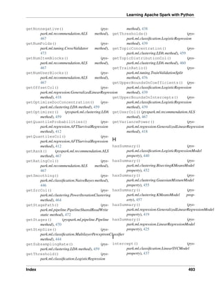 Learning Apache Spark with Python
getNonnegative() (pys-
park.ml.recommendation.ALS method),
467
getNumFolds() (pys-
park.ml.tuning.CrossValidator method),
473
getNumItemBlocks() (pys-
park.ml.recommendation.ALS method),
467
getNumUserBlocks() (pys-
park.ml.recommendation.ALS method),
467
getOffsetCol() (pys-
park.ml.regression.GeneralizedLinearRegression
method), 418
getOptimizeDocConcentration() (pys-
park.ml.clustering.LDA method), 459
getOptimizer() (pyspark.ml.clustering.LDA
method), 459
getQuantileProbabilities() (pys-
park.ml.regression.AFTSurvivalRegression
method), 412
getQuantilesCol() (pys-
park.ml.regression.AFTSurvivalRegression
method), 412
getRank() (pyspark.ml.recommendation.ALS
method), 467
getRatingCol() (pys-
park.ml.recommendation.ALS method),
467
getSmoothing() (pys-
park.ml.classification.NaiveBayes method),
446
getSrcCol() (pys-
park.ml.clustering.PowerIterationClustering
method), 464
getStagePath() (pys-
park.ml.pipeline.PipelineSharedReadWrite
static method), 472
getStages() (pyspark.ml.pipeline.Pipeline
method), 470
getStepSize() (pys-
park.ml.classification.MultilayerPerceptronClassifier
method), 444
getSubsamplingRate() (pys-
park.ml.clustering.LDA method), 459
getThreshold() (pys-
park.ml.classification.LogisticRegression
method), 438
getThresholds() (pys-
park.ml.classification.LogisticRegression
method), 439
getTopicConcentration() (pys-
park.ml.clustering.LDA method), 459
getTopicDistributionCol() (pys-
park.ml.clustering.LDA method), 460
getTrainRatio() (pys-
park.ml.tuning.TrainValidationSplit
method), 476
getUpperBoundsOnCoefficients() (pys-
park.ml.classification.LogisticRegression
method), 439
getUpperBoundsOnIntercepts() (pys-
park.ml.classification.LogisticRegression
method), 439
getUserCol() (pyspark.ml.recommendation.ALS
method), 467
getVariancePower() (pys-
park.ml.regression.GeneralizedLinearRegression
method), 418
H
hasSummary() (pys-
park.ml.classification.LogisticRegressionModel
property), 440
hasSummary() (pys-
park.ml.clustering.BisectingKMeansModel
property), 452
hasSummary() (pys-
park.ml.clustering.GaussianMixtureModel
property), 455
hasSummary() (pys-
park.ml.clustering.KMeansModel prop-
erty), 457
hasSummary() (pys-
park.ml.regression.GeneralizedLinearRegressionModel
property), 419
hasSummary() (pys-
park.ml.regression.LinearRegressionModel
property), 425
I
intercept() (pys-
park.ml.classification.LinearSVCModel
property), 437
Index 493
 