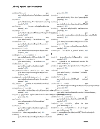Learning Apache Spark with Python
setSmoothing() (pys-
park.ml.classification.NaiveBayes method),
446
setSrcCol() (pys-
park.ml.clustering.PowerIterationClustering
method), 464
setStages() (pyspark.ml.pipeline.Pipeline
method), 471
setStepSize() (pys-
park.ml.classification.MultilayerPerceptronClassifier
method), 445
setSubsamplingRate() (pys-
park.ml.clustering.LDA method), 461
setThreshold() (pys-
park.ml.classification.LogisticRegression
method), 439
setThresholds() (pys-
park.ml.classification.LogisticRegression
method), 439
setTopicConcentration() (pys-
park.ml.clustering.LDA method), 461
setTopicDistributionCol() (pys-
park.ml.clustering.LDA method), 461
setTrainRatio() (pys-
park.ml.tuning.TrainValidationSplit
method), 476
setUpperBoundsOnCoefficients() (pys-
park.ml.classification.LogisticRegression
method), 440
setUpperBoundsOnIntercepts() (pys-
park.ml.classification.LogisticRegression
method), 440
setUserCol() (pyspark.ml.recommendation.ALS
method), 468
setVariancePower() (pys-
park.ml.regression.GeneralizedLinearRegression
method), 419
solver() (pyspark.ml.regression.GeneralizedLinearRegressionTrainingSummary
property), 421
subModels (pys-
park.ml.tuning.CrossValidatorModel
attribute), 474
subModels (pys-
park.ml.tuning.TrainValidationSplitModel
attribute), 477
Summarizer (class in pyspark.ml.stat), 408
summary() (pys-
park.ml.classification.LogisticRegressionModel
property), 440
summary() (pys-
park.ml.clustering.BisectingKMeansModel
property), 452
summary() (pys-
park.ml.clustering.GaussianMixtureModel
property), 455
summary() (pyspark.ml.clustering.KMeansModel
property), 458
summary() (pys-
park.ml.regression.GeneralizedLinearRegressionModel
property), 419
summary() (pys-
park.ml.regression.LinearRegressionModel
property), 425
summary() (pyspark.ml.stat.SummaryBuilder
method), 410
SummaryBuilder (class in pyspark.ml.stat), 410
T
test() (pyspark.ml.stat.ChiSquareTest static
method), 405
test() (pyspark.ml.stat.KolmogorovSmirnovTest
static method), 407
theta() (pyspark.ml.classification.NaiveBayesModel
property), 446
toLocal() (pys-
park.ml.clustering.DistributedLDAModel
method), 453
topicsMatrix() (pys-
park.ml.clustering.LDAModel method),
462
totalIterations() (pys-
park.ml.classification.LogisticRegressionTrainingSummary
property), 443
totalIterations() (pys-
park.ml.regression.LinearRegressionTrainingSummary
property), 428
trainingLogLikelihood() (pys-
park.ml.clustering.DistributedLDAModel
method), 453
TrainValidationSplit (class in pys-
park.ml.tuning), 475
TrainValidationSplitModel (class in pys-
park.ml.tuning), 476
trees() (pyspark.ml.classification.GBTClassificationModel
property), 434
500 Index
 