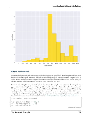 Learning Apache Spark with Python
Box plot and violin plot
Note that although violin plots are closely related to Tukey’s (1977) box plots, the violin plot can show more
information than box plot. When we perform an exploratory analysis, nothing about the samples could be
known. So the distribution of the samples can not be assumed to a normal distribution and usually when you
get a big data, the normal distribution will show some out liars in box plot.
However, the violin plots are potentially misleading for smaller sample sizes, where the density plots can
appear to show interesting features (and group-differences therein) even when produced for standard normal
data. Some poster suggested the sample size should larger that 250. The sample sizes (e.g. n>250 or ideally
even larger), where the kernel density plots provide a reasonably accurate representation of the distributions,
potentially showing nuances such as bimodality or other forms of non-normality that would be invisible or
less clear in box plots. More details can be found in A simple comparison of box plots and violin plots.
x = df.select(var).toPandas()
fig = plt.figure(figsize=(20, 8))
ax = fig.add_subplot(1, 2, 1)
ax = sns.boxplot(data=x)
(continues on next page)
7.1. Univariate Analysis 75
 
