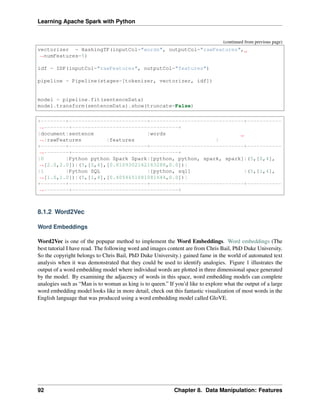 Learning Apache Spark with Python
(continued from previous page)
vectorizer = HashingTF(inputCol="words", outputCol="rawFeatures",
˓
→numFeatures=5)
idf = IDF(inputCol="rawFeatures", outputCol="features")
pipeline = Pipeline(stages=[tokenizer, vectorizer, idf])
model = pipeline.fit(sentenceData)
model.transform(sentenceData).show(truncate=False)
+--------+-------------------------+------------------------------+-----------
˓
→--------+----------------------------------+
|document|sentence |words
˓
→|rawFeatures |features |
+--------+-------------------------+------------------------------+-----------
˓
→--------+----------------------------------+
|0 |Python python Spark Spark|[python, python, spark, spark]|(5,[0,4],
˓
→[2.0,2.0])|(5,[0,4],[0.8109302162163288,0.0])|
|1 |Python SQL |[python, sql] |(5,[1,4],
˓
→[1.0,1.0])|(5,[1,4],[0.4054651081081644,0.0])|
+--------+-------------------------+------------------------------+-----------
˓
→--------+----------------------------------+
8.1.2 Word2Vec
Word Embeddings
Word2Vec is one of the popupar method to implement the Word Embeddings. Word embeddings (The
best tutorial I have read. The following word and images content are from Chris Bail, PhD Duke University.
So the copyright belongs to Chris Bail, PhD Duke University.) gained fame in the world of automated text
analysis when it was demonstrated that they could be used to identify analogies. Figure 1 illustrates the
output of a word embedding model where individual words are plotted in three dimensional space generated
by the model. By examining the adjacency of words in this space, word embedding models can complete
analogies such as “Man is to woman as king is to queen.” If you’d like to explore what the output of a large
word embedding model looks like in more detail, check out this fantastic visualization of most words in the
English language that was produced using a word embedding model called GloVE.
92 Chapter 8. Data Manipulation: Features
 