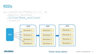 ‹#›© Cloudera, Inc. All rights reserved.
RDDs
…RDD …RDD
HDFS
Partition 1
Partition 2
Partition 3
Partition 4
Partition 1
Partition 2
Partition 3
Partition 4
…RDD
Partition 1
Partition 2
Partition 3
Partition 4
Thanks: Kostas Sakellis
sc.textFile(“hdfs://…”, 4)
.map(to_series)
.filter(has_outlier)
.count()
 