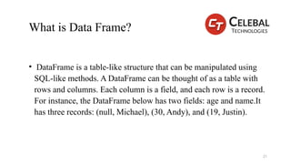 What is Data Frame?
• DataFrame is a table-like structure that can be manipulated using
SQL-like methods. A DataFrame can be thought of as a table with
rows and columns. Each column is a field, and each row is a record.
For instance, the DataFrame below has two fields: age and name.It
has three records: (null, Michael), (30, Andy), and (19, Justin).
21
 