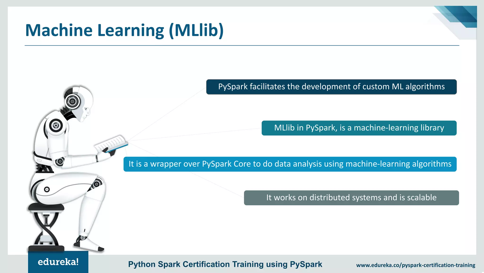 www.edureka.co/pyspark-certification-trainingPython Spark Certification Training using PySpark Machine Learning (MLlib) PySpark facilitates the development of custom ML algorithms It is a wrapper over PySpark Core to do data analysis using machine-learning algorithms It works on distributed systems and is scalable MLlib in PySpark, is a machine-learning library 