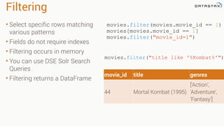Filtering
• Select specific rows matching
various patterns
• Fields do not require indexes
• Filtering occurs in memory
• You can use DSE Solr Search
Queries
• Filtering returns a DataFrame
movies.filter(movies.movie_id == 1)
movies[movies.movie_id == 1]
movies.filter("movie_id=1")
movie_id title genres
44 Mortal Kombat (1995)
['Action',
'Adventure',
'Fantasy']
movies.filter("title like '%Kombat%'")
 