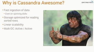 Why is Cassandra Awesome?
• Fast ingestion of data
• Even on spinning disks
• Storage optimized for reading
sorted rows
• Linear scalability
• Multi-DC: Active / Active
 
