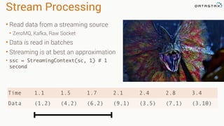 Stream Processing
• Read data from a streaming source
• ZeroMQ, Kafka, Raw Socket
• Data is read in batches
• Streaming is at best an approximation
• ssc = StreamingContext(sc, 1) # 1
second
Time 1.1 1.5 1.7 2.1 2.4 2.8 3.4
Data (1,2) (4,2) (6,2) (9,1) (3,5) (7,1) (3,10)
 