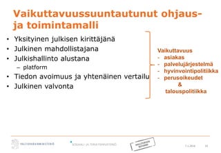 7.1.2016 10
Vaikuttavuussuuntautunut ohjaus-
ja toimintamalli
• Yksityinen julkisen kirittäjänä
• Julkinen mahdollistajana
• Julkishallinto alustana
– platform
• Tiedon avoimuus ja yhtenäinen vertailu
• Julkinen valvonta
Vaikuttavuus
- asiakas
- palvelujärjestelmä
- hyvinvointipolitiikka
- perusoikeudet
&
talouspolitiikka
 