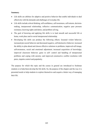 105
Summary
 Life skills are abilities for adaptive and positive behavior that enable individuals to deal
effectively with the demands and challenges of everyday life.
 Life skills include critical thinking, self-confidence, self-awareness, self-esteem, decision-
making, interpersonal relationship, reflective communication, negative peer pressure
resistance, knowing rights and duties, and problem solving.
 The goal of knowing and applying life skills is to lead smooth and successful life at
home, work place and in social interpersonal relationship.
 Developing life skills can produce the following effects: lessened violent behavior;
increased pro-social behavior and decreased negative, self-destructive behavior; increased
the ability to plan ahead and choose effective solutions to problems; improved self-image,
self-awareness, social and emotional adjustment; increased acquisition of knowledge;
improved classroom behavior; gains in self- control and handling of interpersonal
problems and coping with anxiety; and improved constructive conflict resolution with
peers, impulse control and popularity.
The purpose for which this topic and the course in general are introduced to freshman
students is to help them develop the life skills. So, the purpose of the chapter and the way it is
presented needs to help students to explore themselves and acquire a better way of managing
their life.
 
