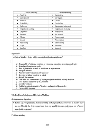 118
Critical Thinking Creative thinking
 Analytic  Generative
 Convergent  Divergent
 Vertical  Lateral
 Probability  Possibility
 Judgment  Suspended judgment
 Hypothesis testing  Hypothesis forming
 Objective  Subjective
 Answer  An answer
 Closed  Open-ended
 Linear  Associative
 Reasoning  Speculating
 Logic  Intuition
 Yes but  Yes and
Reflection
 Critical thinkers foster which one of the following attributes?
a) Be capable of taking a position or changing a position as evidence dictates
b) Remain relevant to the point
c) Seek information as well as precision in information
d) Be open minded
e) Take the entire situation into account
f) Keep the original problem in mind
g) Search for reasons
h) Deal with the components of a complex problem in an orderly manner
i) Seek a clear statement of the problem
j) Look for options
k) Exhibit sensitivity to others' feelings and depth of knowledge
l) Use credible sources
9.8. Problem Solving and Decision Making
Brainstorming Question
 Let us say you graduated from university and employed and you want to marry. How
do you identify the best woman/man that can qualify to your preference out of many
and decide to marry?
Problem solving
 