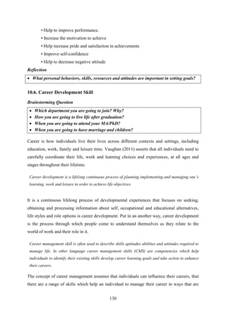 130
• Help to improve performance.
• Increase the motivation to achieve
• Help increase pride and satisfaction in achievements
• Improve self-confidence
• Help to decrease negative attitude
Reflection
 What personal behaviors, skills, resources and attitudes are important in setting goals?
10.6. Career Development Skill
Brainstorming Question
 Which department you are going to join? Why?
 How you are going to live life after graduation?
 When you are going to attend your MA/PhD?
 When you are going to have marriage and children?
Career is how individuals live their lives across different contexts and settings, including
education, work, family and leisure time. Vaughan (2011) asserts that all individuals need to
carefully coordinate their life, work and learning choices and experiences, at all ages and
stages throughout their lifetime.
Career development is a lifelong continuous process of planning implementing and managing one‟s
learning, work and leisure in order to achieve life objectives.
It is a continuous lifelong process of developmental experiences that focuses on seeking,
obtaining and processing information about self, occupational and educational alternatives,
life styles and role options is career development. Put in an another way, career development
is the process through which people come to understand themselves as they relate to the
world of work and their role in it.
Career management skill is often used to describe skills aptitudes abilities and attitudes required to
manage life. In other language career management skills (CMS) are competencies which help
individuals to identify their existing skills develop career learning goals and take action to enhance
their careers.
The concept of career management assumes that individuals can influence their careers, that
there are a range of skills which help an individual to manage their career in ways that are
 
