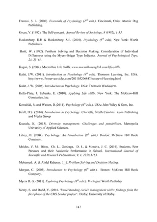 147
Franzoi, S. L. (2006). Essentials of Psychology (2nd
edit.). Cincinnati, Ohio: Atomic Dog
Publishing.
Gecas, V. (1982). The Self-concept. Annual Review of Sociology, 8 (1982), 1-33.
Hockenbury, D.H & Hockenbury, S.E. (2010). Psychology (5th
edit). New York: Worth
Publishers.
Huitt, W. (1992). Problem Solving and Decision Making: Consideration of Individual
Differences using the Myers-Briggs Type Indicator. Journal of Psychological Type,
24, 33-44.
Kagan, S. (2004). Macmillan Life Skills. www.macmillanenglish.com/life-skills.
Kalat, J.W. (2011). Introduction to Psychology (9th
edit). Thomson Learning, Inc. USA.
http://www. Preservearticles.com/201105206847/nature-of-learning.html
Kalat, J. W. (2008). Introduction to Psychology. USA: Thomson Wadsworth.
Kelly-Plate, J. Eubanks, E. (2010). Applying Life skills. New York: The McGraw-Hill
Companies, Inc.
Kowalski, R. and Westen, D.(2011). Psychology (6th
edit.). USA: John Wiley & Sons, Inc.
Krull, D.S. (2014). Introduction to Psychology. Charlotte, North Carolina: Kona Publishing
and Media Group
Kuusela, K. (2013). Diversity management: Challenges and possibilities. Metropolia
University of Applied Sciences.
Lahey, B. (2004). Psychology: An Introduction (8th
edit.). Boston: McGraw Hill Book
Company.
Moldes, V. M., Biton, Ch. L., Gonzaga, D. J., & Moneva, J. C. (2019). Students, Peer
Pressure and their Academic Performance in School. International Journal of
Scientific and Research Publications, 9, 1, 2250-3153.
Mohamed, A. & Abdel Raheem. (__). Problem Solving and Decision Making.
Morgan, C. (2003). Introduction to Psychology (6th
edit.). Boston: McGraw Hill Book
Company.
Myers D. G. (2011). Exploring Psychology (8th
edit.). Michigan: Worth Publisher
Neary, S. and Dodd, V. (2016. 'Understanding career management skills: findings from the
first phase of the CMS Leader project'. Derby: University of Derby.
 