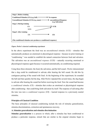 45
Figure. Pavlov‟s classical conditioning experiment
In the above experiment the food was an unconditioned stimulus (UCS) - stimulus that
automatically produces an emotional or physiological response - because no prior training or
―conditioning ― was needed to establish the natural connection between food and salvation.
The salivation was an unconditioned response (UCR) - naturally occurring emotional or
physiological response again because it occurred automatically, no conditioning required.
Using these three elements- the food, the salivation, and the bell sound - Pavlov demonstrated
that a dog could be conditioned to salivate after hearing the bell sound. He did this by
contiguous pairing of the sound with food. At the beginning of the experiment, he sounded
the bell and then quickly fed the dog. After Pavlov repeated this several times, the dog began
to salivate after hearing the sound but before receiving the food. Now the sound had become
a conditioned stimulus (CS) - stimulus that evokes an emotional or physiological response
after conditioning - that could bring forth salivation by itself. The response of salivating after
the tone was now a conditioned response (CR) - learned response to a previously neutral
stimulus.
Principles of Classical Condition
The basic principles of classical conditioning include the role of stimulus generalization,
stimulus discriminations, extinction and spontaneous recovery.
A. Stimulus generalization and stimulus discrimination
Stimulus generalization is a process in which, after a stimulus has been conditioned to
produce a particular response, stimuli that are similar to the original stimulus begin to
Stage 1. Before training
Conditioned Stimulus (CS) (e.g. bell) No response
Unconditioned Stimulus (UCS) (e.g. meat) unconditioned Response
(e.g. Salivation)
Stage 2. During training
CS UCR
UCS
Stage3. After training
CS CR
(The conditioned stimulus now produces a conditioned response.)
 